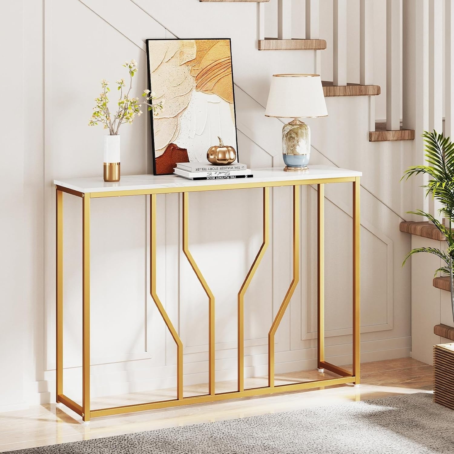 Slim Console Table with Faux Marble Top & Gold Metal Frame, 110cm
