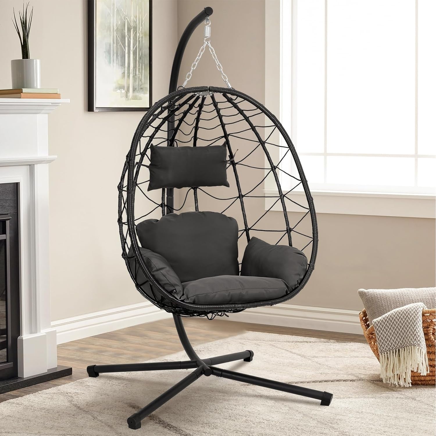 Hanging Egg Chair with Stand Cushioned Rattan Swing Seat Indoor Outdoor