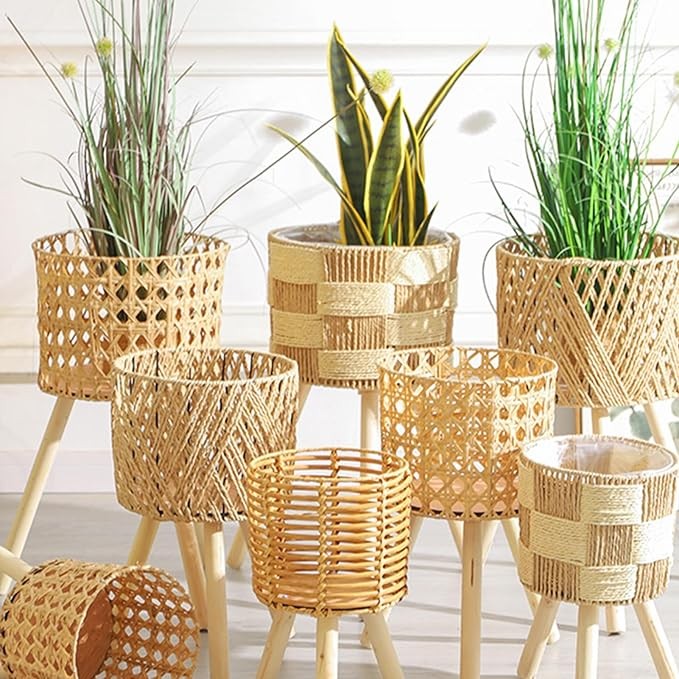 Rattan Plant Stand Indoor Outdoor Tripod Wooden Legs Flower Pot Basket Holder