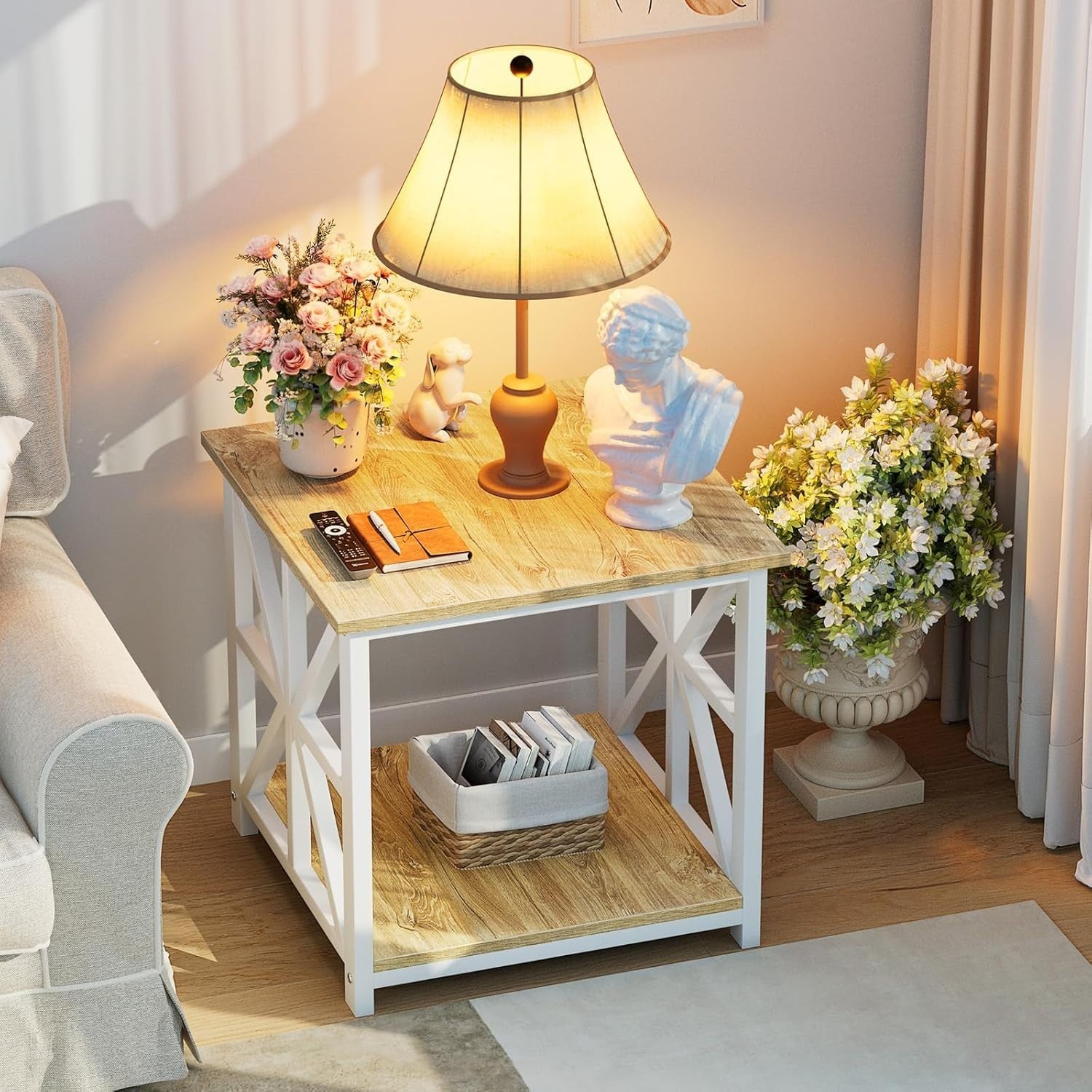 Oak 2-Tier Square Side Table 60x60x60 cm | Large End Table w/ Storage