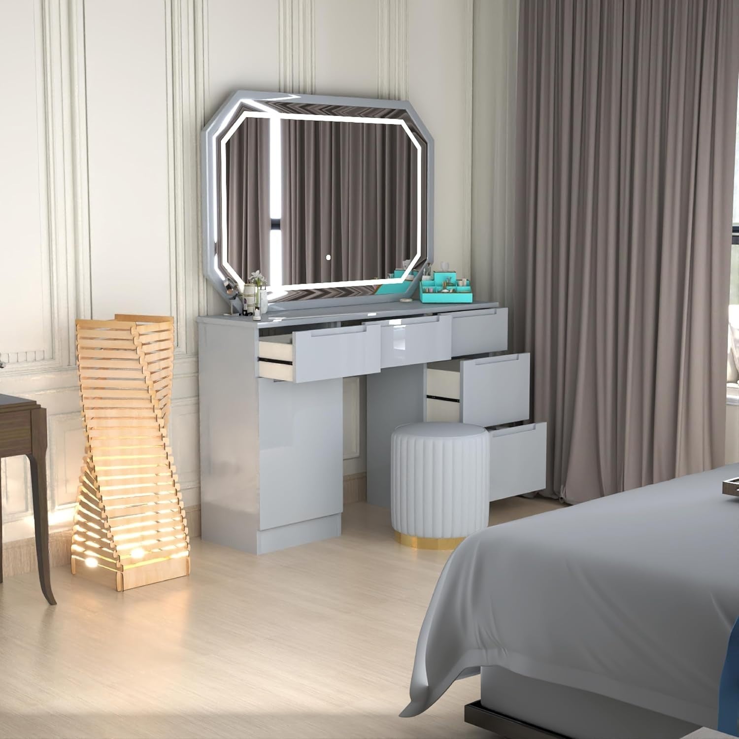 Dresser Vanity Set with LED Mirror Stool 7 Drawers Makeup Table Grey White Black