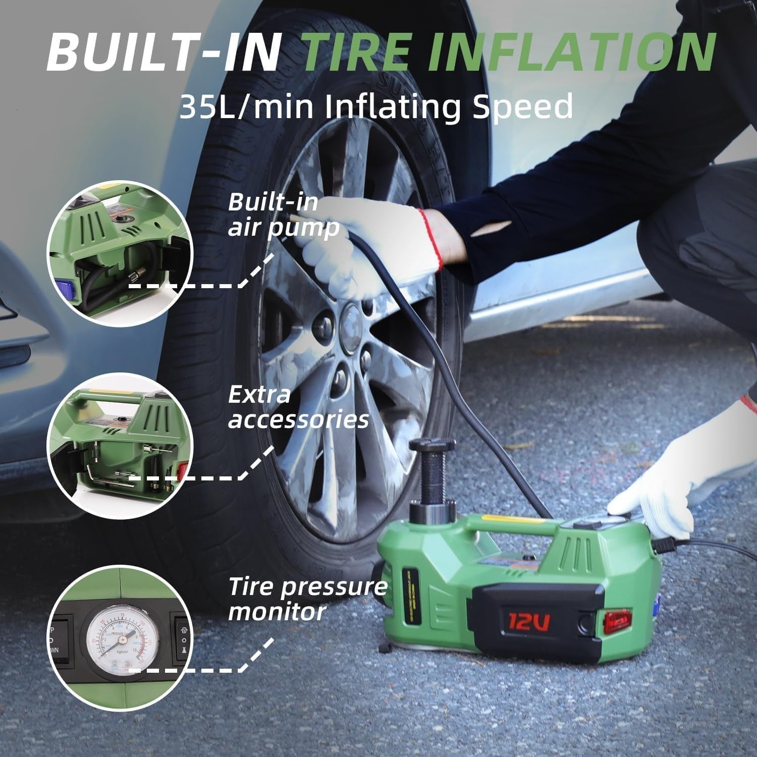 5 Ton Electric Hydraulic Car Jack 4-in-1 Lift Kit with Air Pump 15–17.7" Green