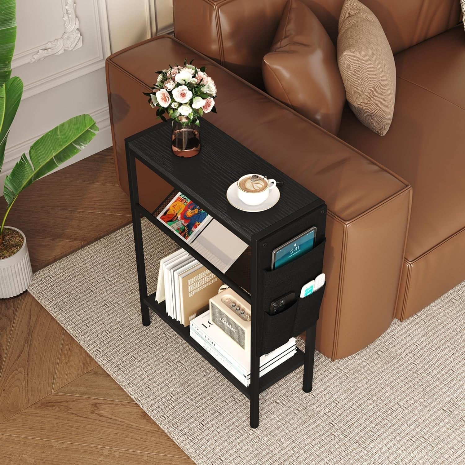 Slim 3-Tier Side Table with Storage Bag – Narrow Black Bedside Sofa Table