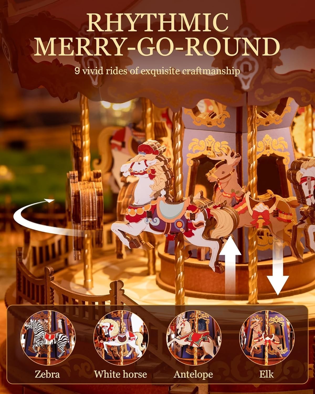 3D Wooden Carousel Music Box Kit LED Light Mechanical Puzzle Decor