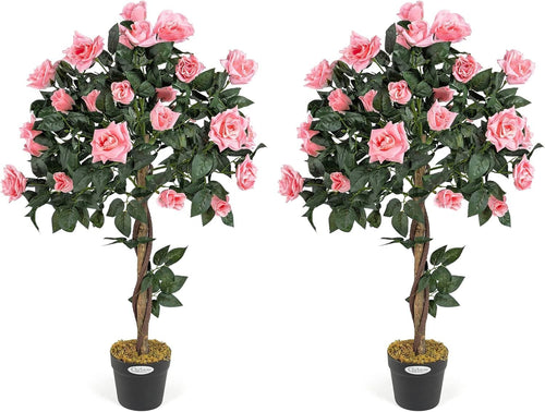 3ft Artificial Pink Rose Trees 2-Pack Twisted Trunk Potted Indoor Outdoor Decor