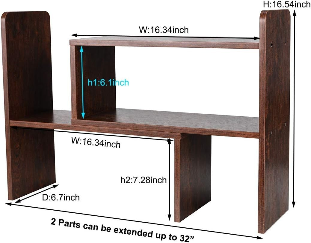 Adjustable Wooden Desk Bookshelf 3-Tier Space Saving Table Organizer