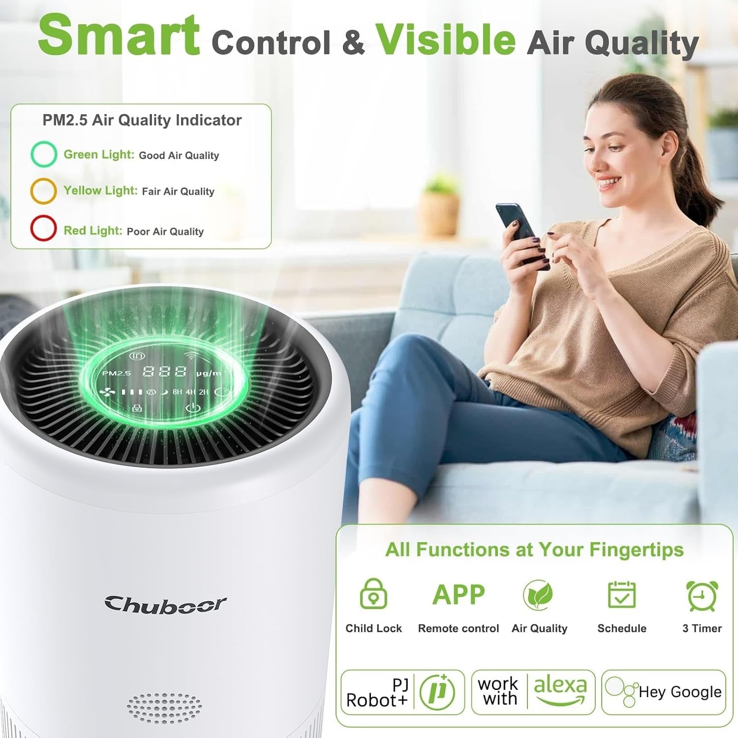 WiFi HEPA Air Purifier for Pets PM2.5 Auto Sleep Mode Large Room