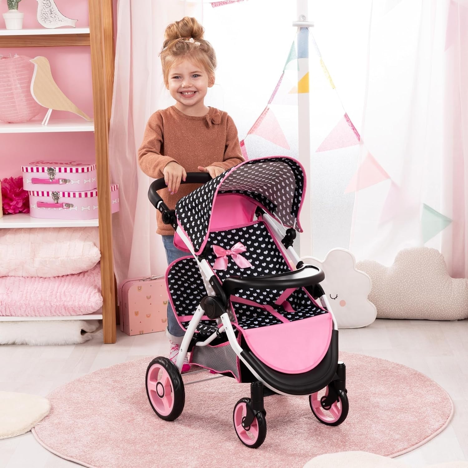Twin Doll Pram Double Stroller Adjustable Handle Foldable with Bag