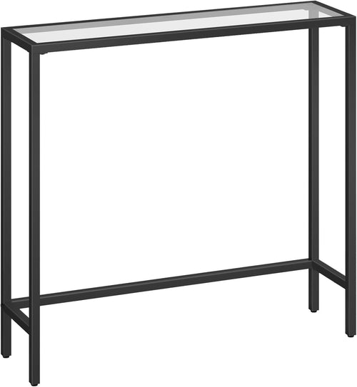Slim Black Console Table with Glass Top, Modern Metal Frame, 75x22x80cm