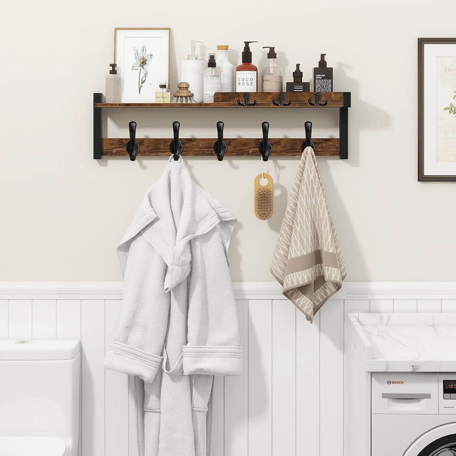 Rustic Wall Coat Rack 29" Wood Shelf with Hooks & Key Holder Entryway Organizer