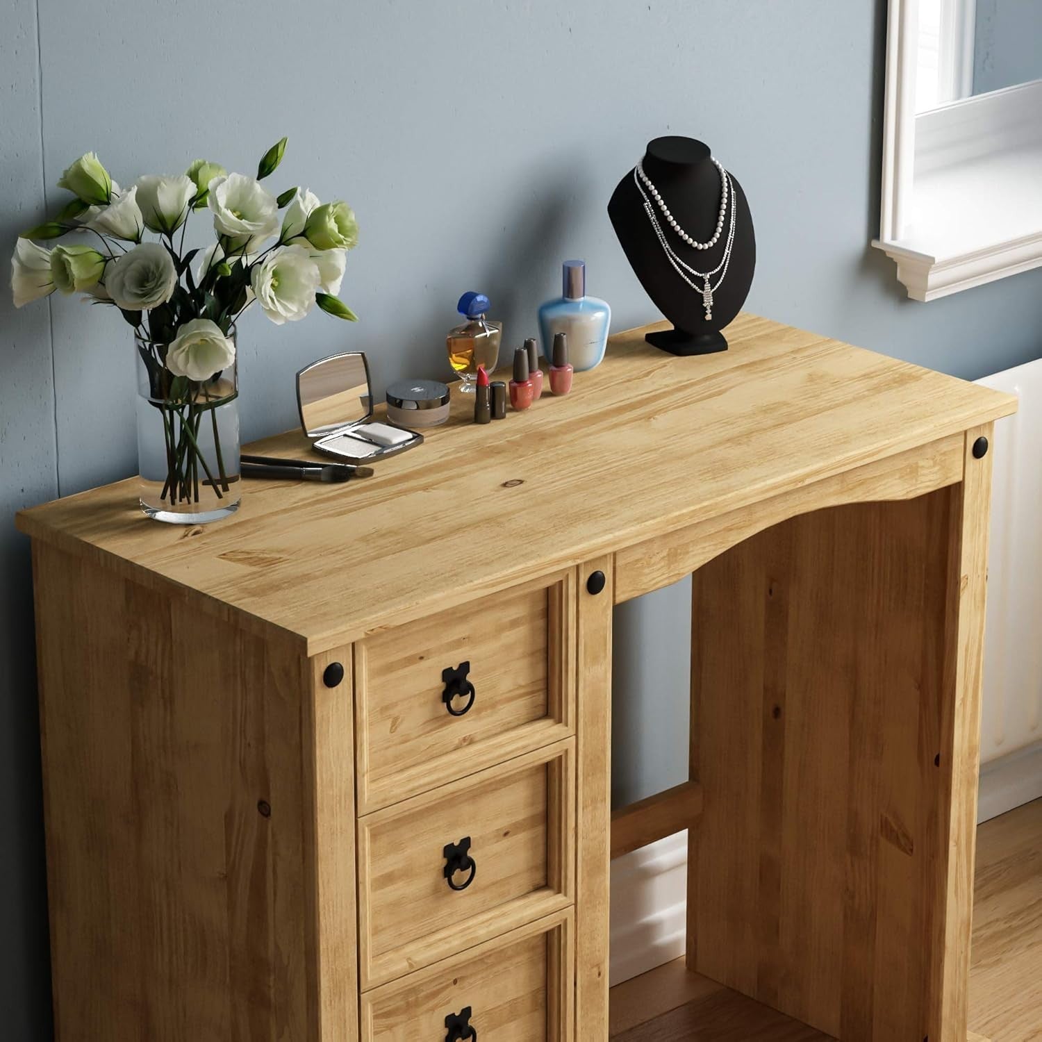 4-Drawer Pine Wood Dressing Table Desk Distressed Waxed Finish Bedroom Vanity