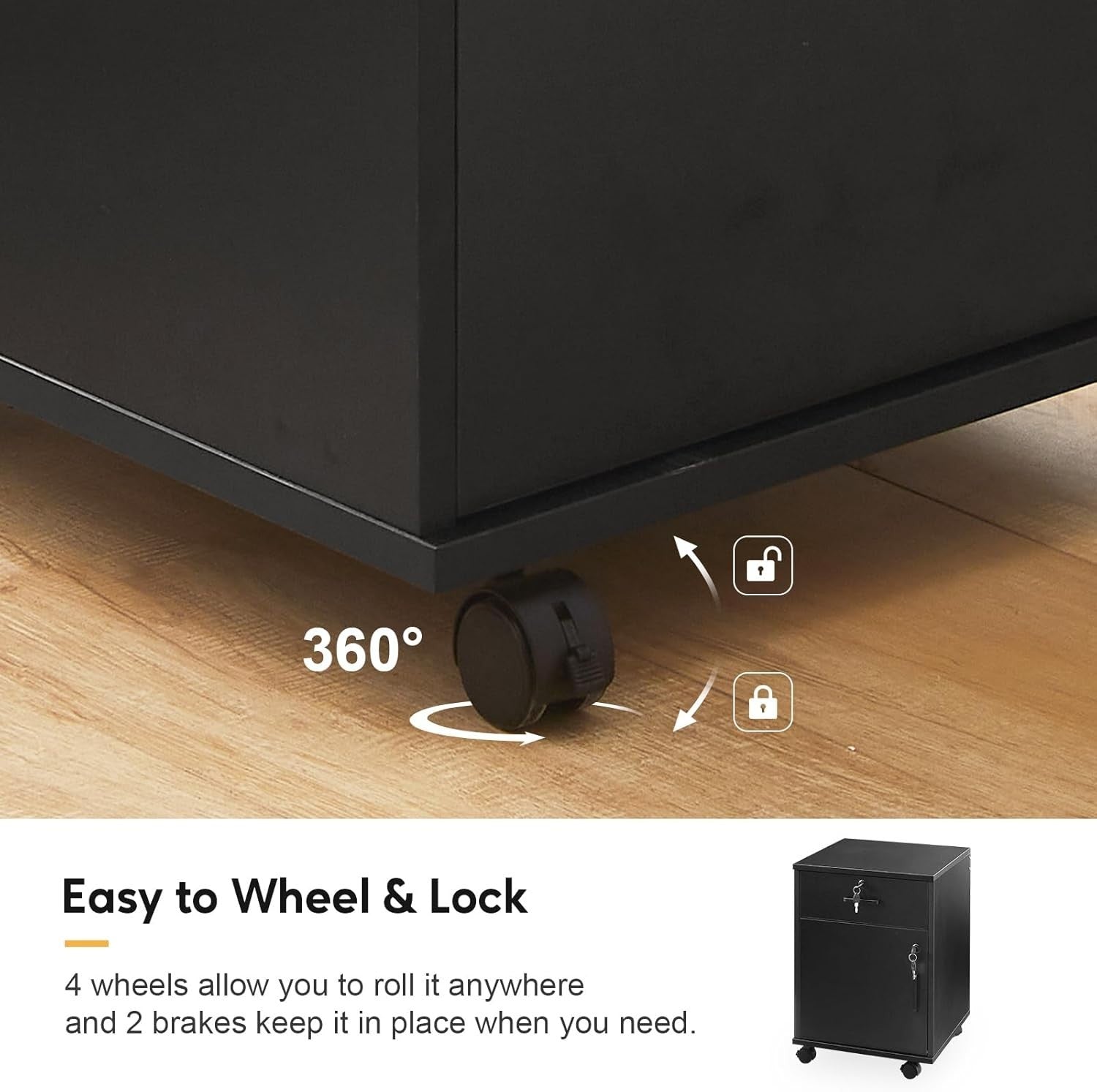 Black Mobile File Cabinet 40cm Lockable Under Desk Printer Stand