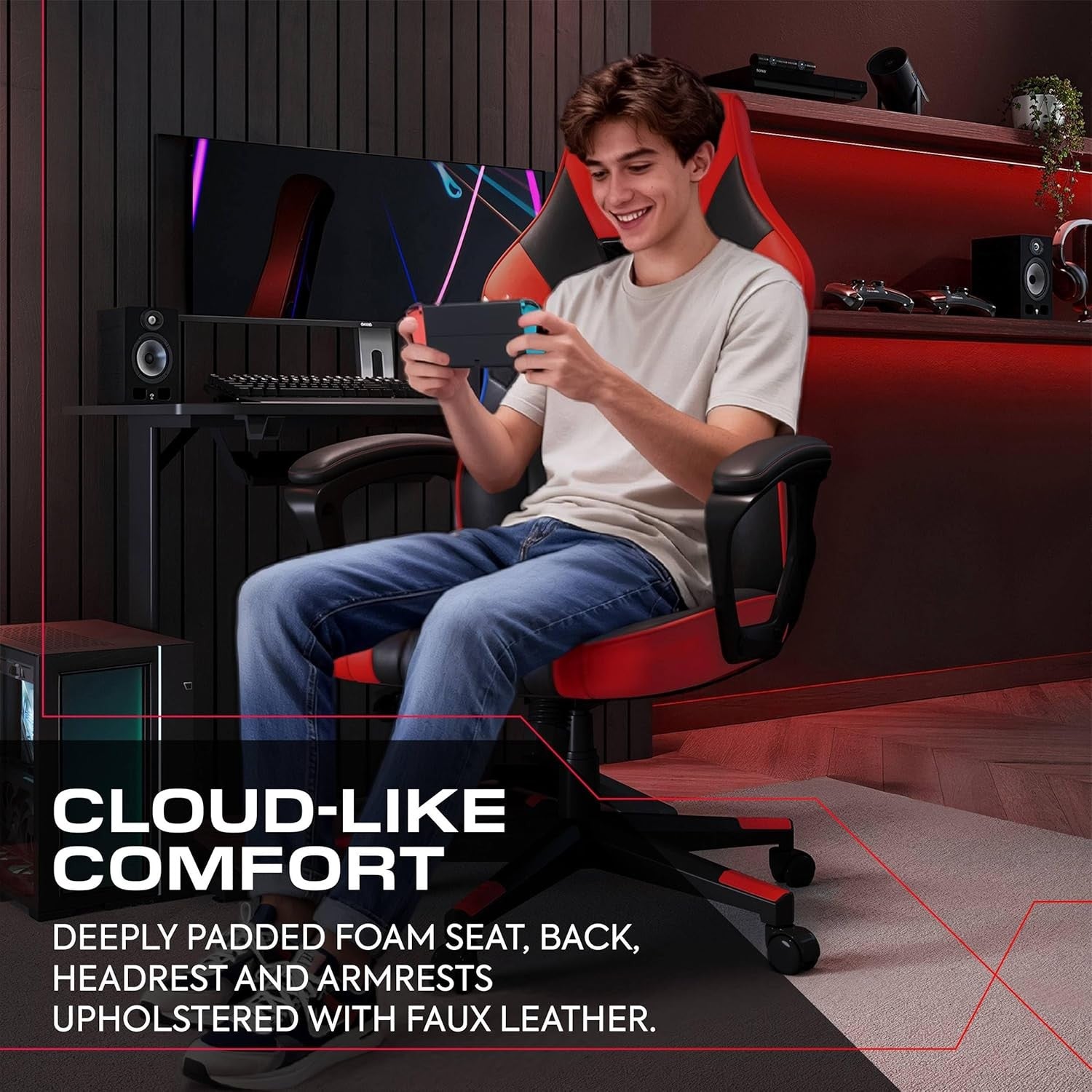 High Back Ergonomic Gaming Chair Wide Seat Adjustable Red