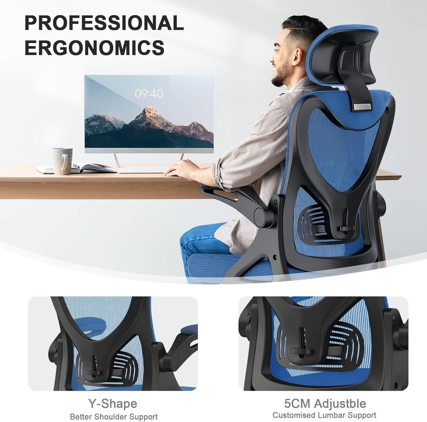 Ergonomic Mesh Office Chair High Back Swivel Desk Chair Flip-Up Arms Adjustable