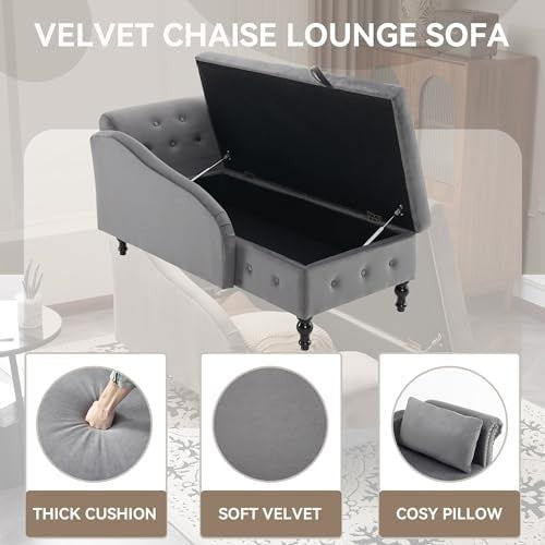 Velvet Chaise Lounge Sofa with Storage, Button Tufted, Grey, Right Armrest
