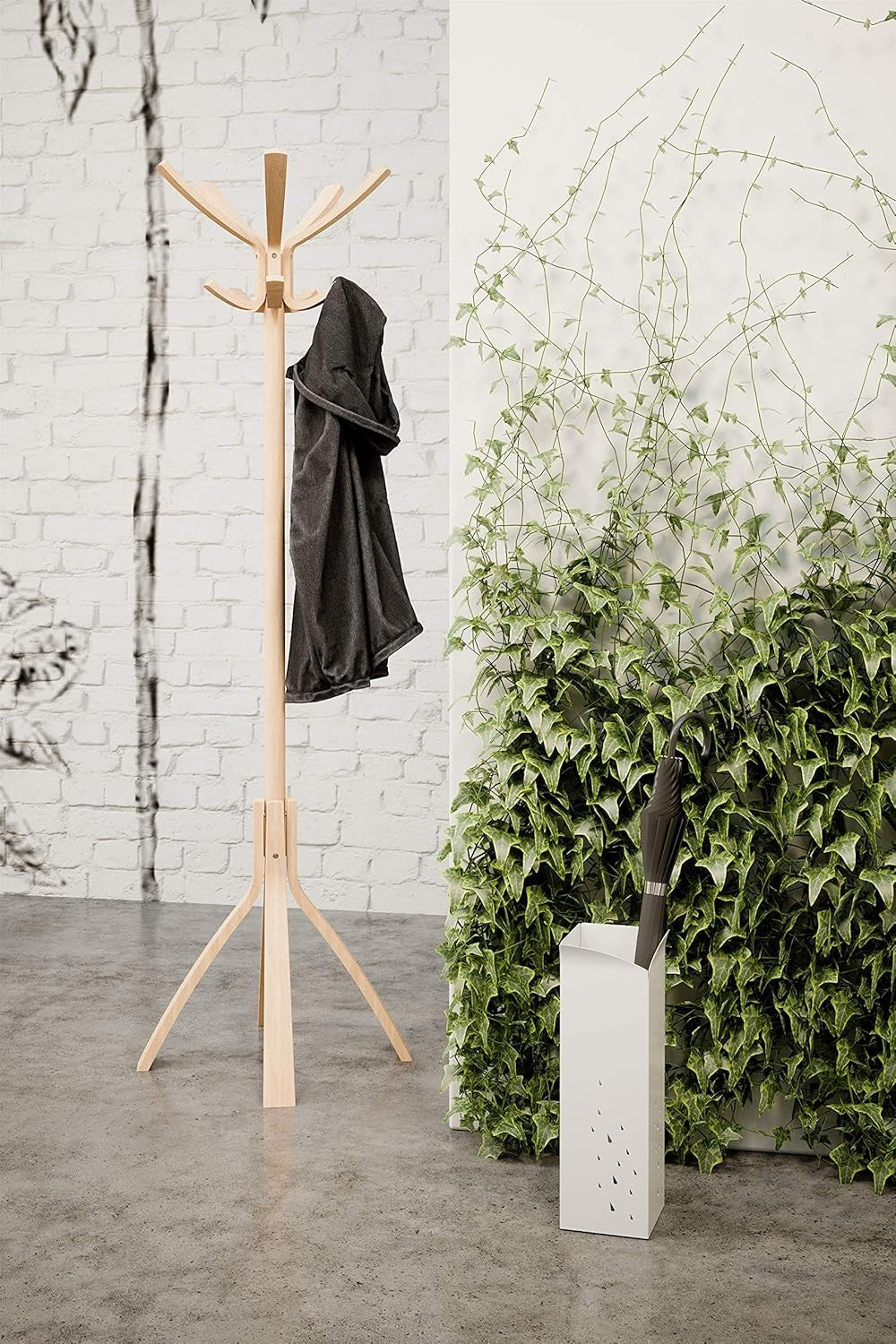 Light Wood Freestanding Coat Rack 8 Hooks Modern Hall Tree Stand for Entryway