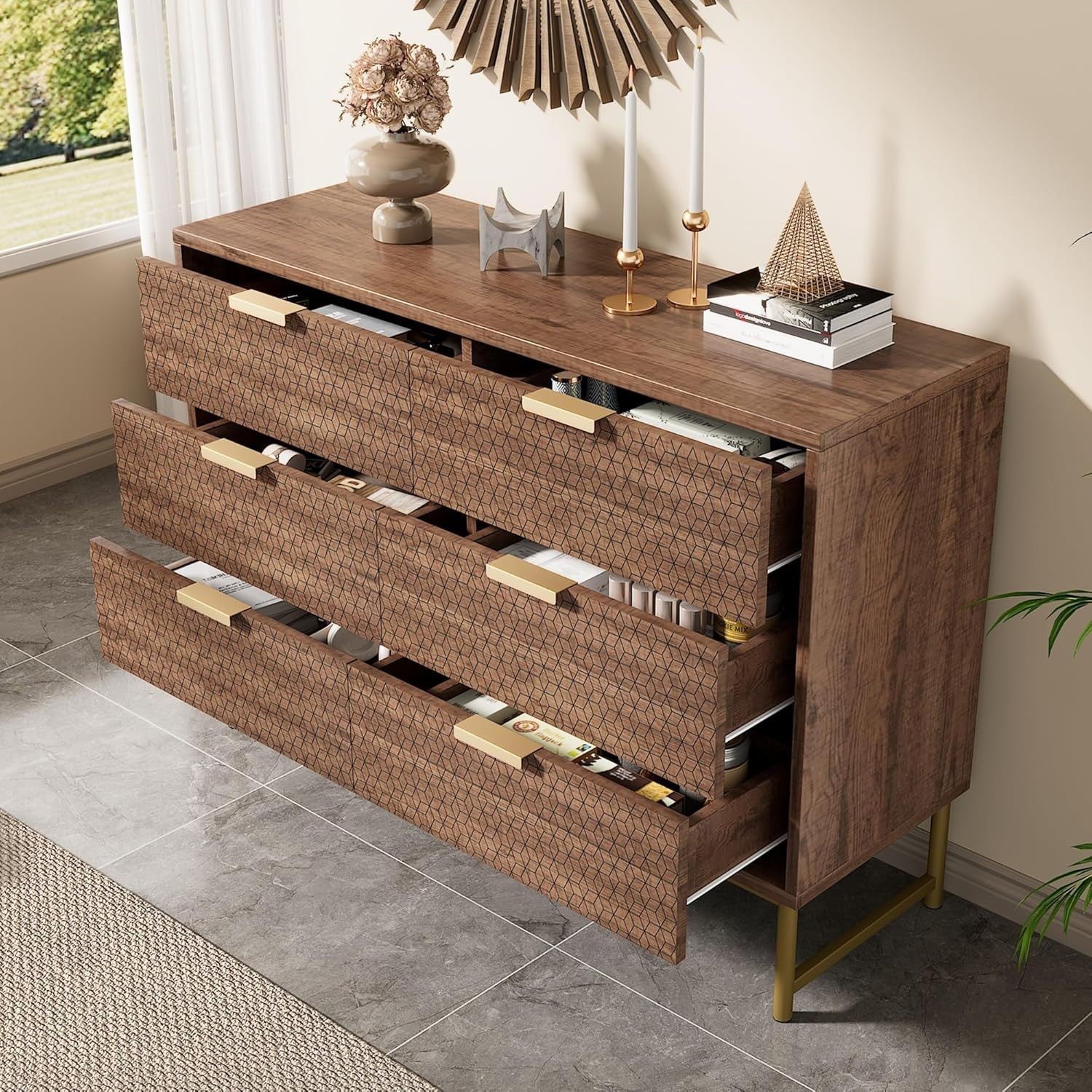 120cm Walnut Sideboard Chest with 6 Drawers for Hallway or Bedroom