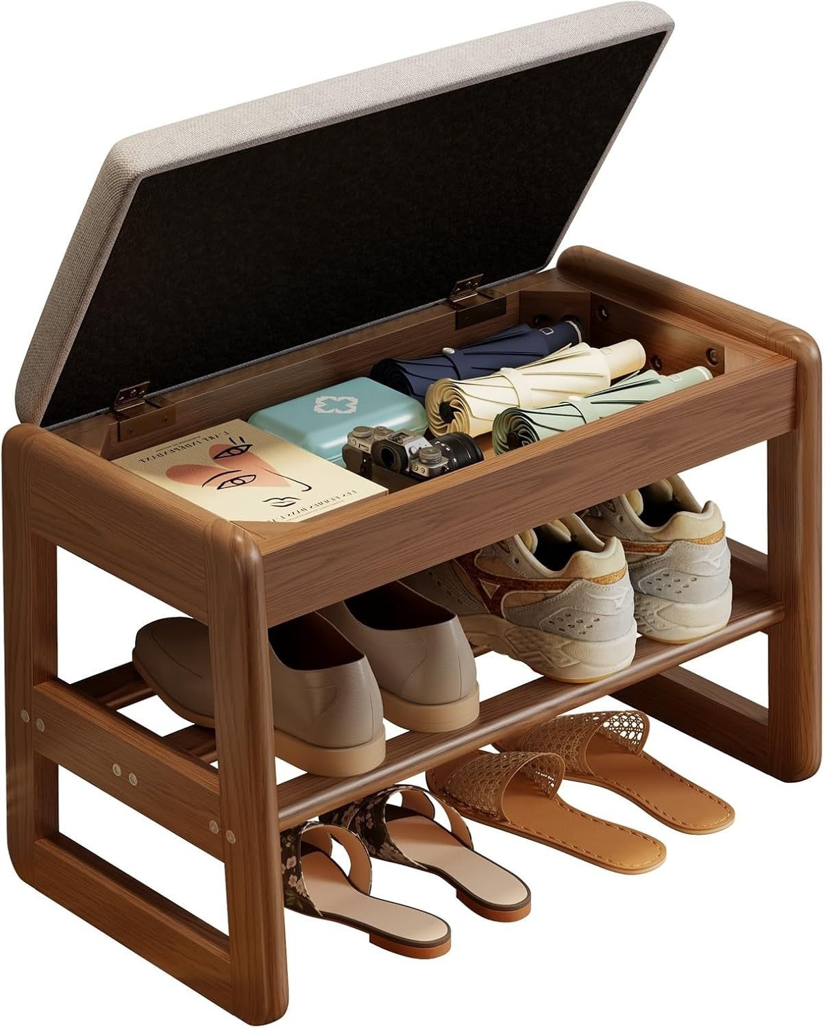 Small 2-Tier Shoe Bench with Flip-Top Storage Cushion Seat – Entryway
