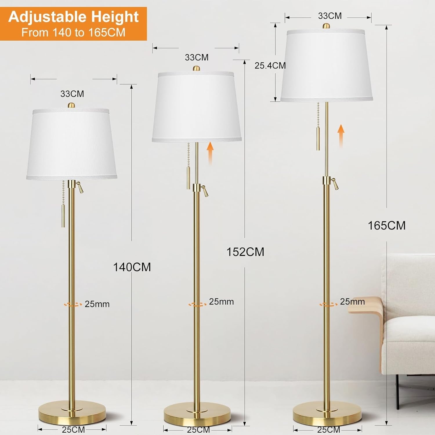 Adjustable Floor Lamp Gold Height Adjustable 3 Colour LED Standing Light