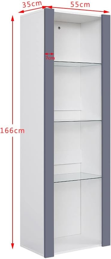 Tall Grey High-Gloss Display Cabinet with Glass Shelves & RGB LED Lighting Unit