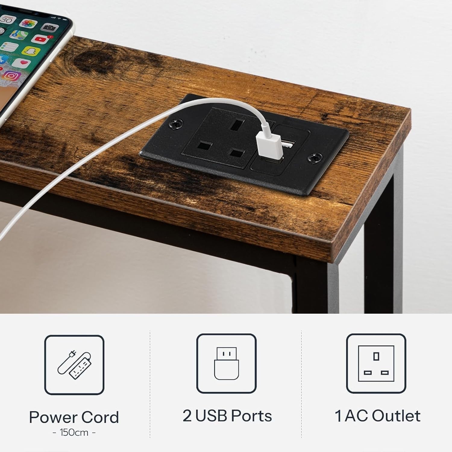 Slim Console Table with Charging Ports, Entryway Sofa Table, 120cm Narrow