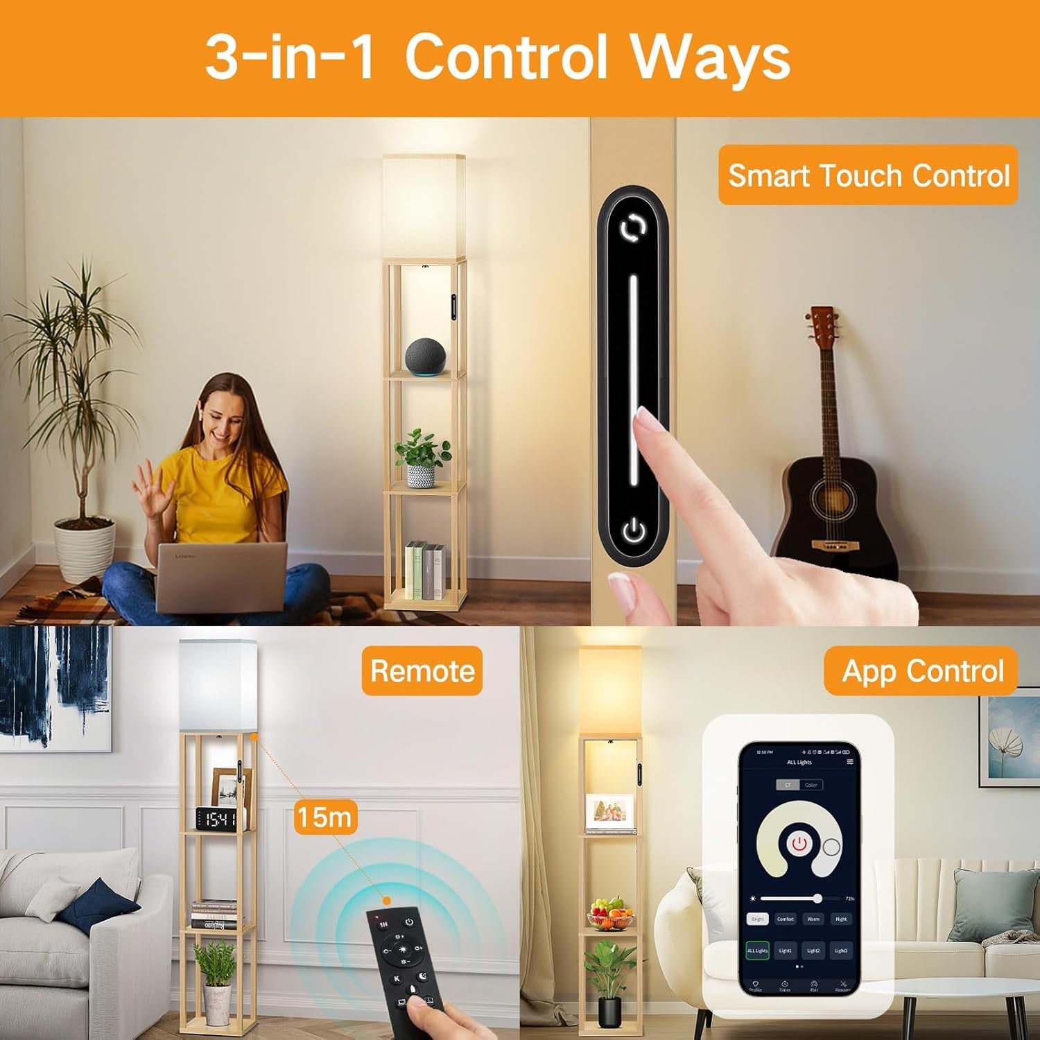 Floor Lamp with Shelves Dimmable Touch Remote LED Standing Light Wood