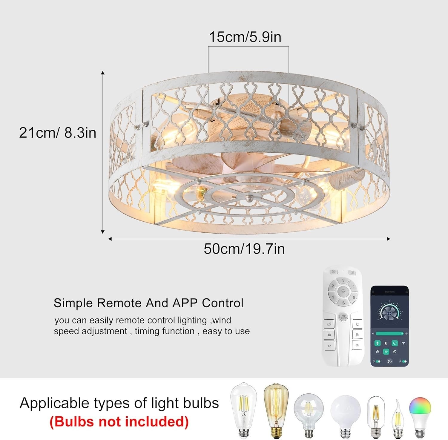 50cm Industrial Ceiling Fan Light, White Caged, 4 Lights, Remote Control