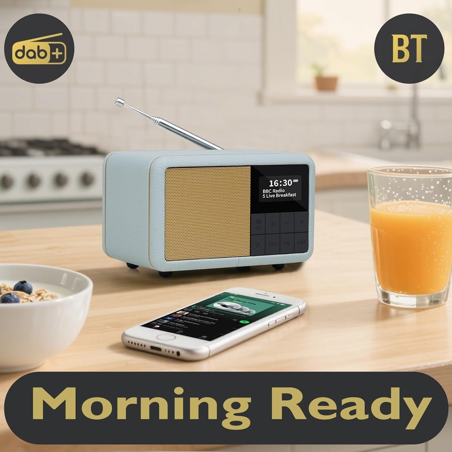 Portable DAB+ FM Radio Alarm Clock Bluetooth Waterproof 12hr Battery – Grey