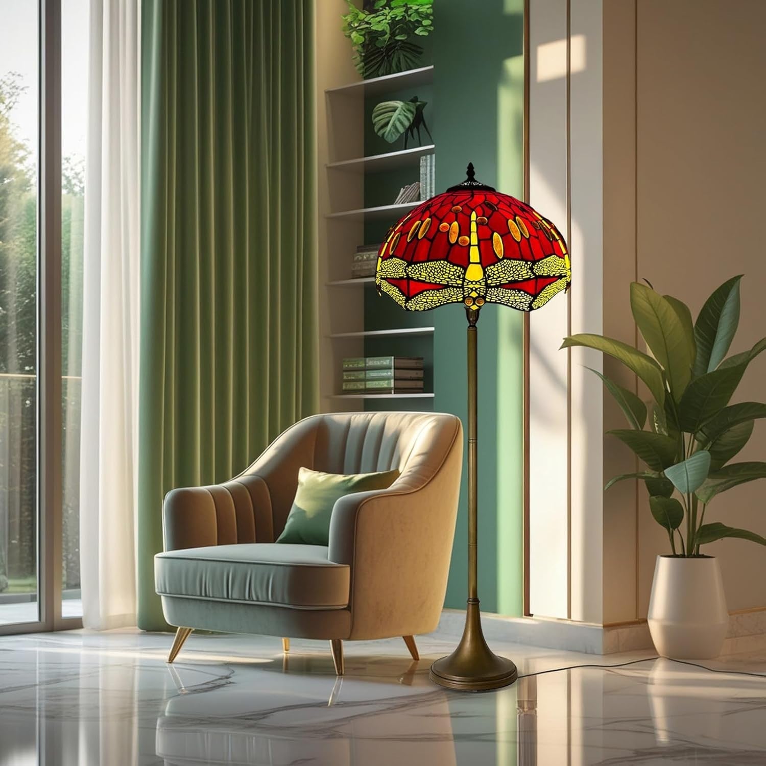 Tiffany Style Floor Lamp Handcrafted Stained Glass 16in Antique Design Light