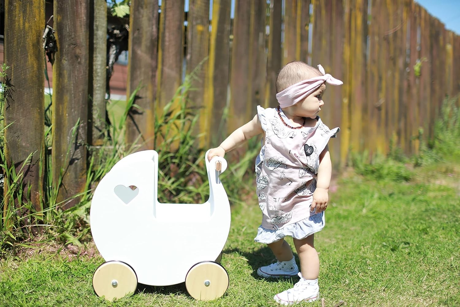 Wooden Doll Pram Push Along Toy Solid Birch Toddler Pram 18m+ White