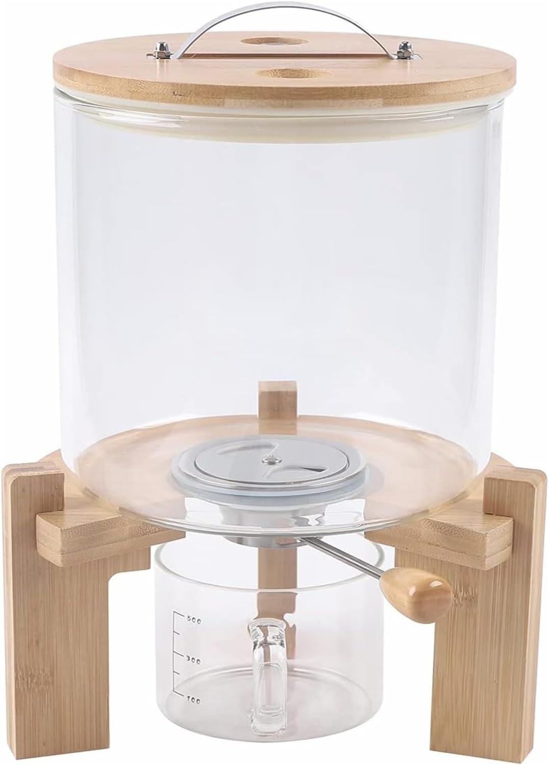 Glass Rice Dispenser 5L Grain Storage Container Wood Stand Airtight