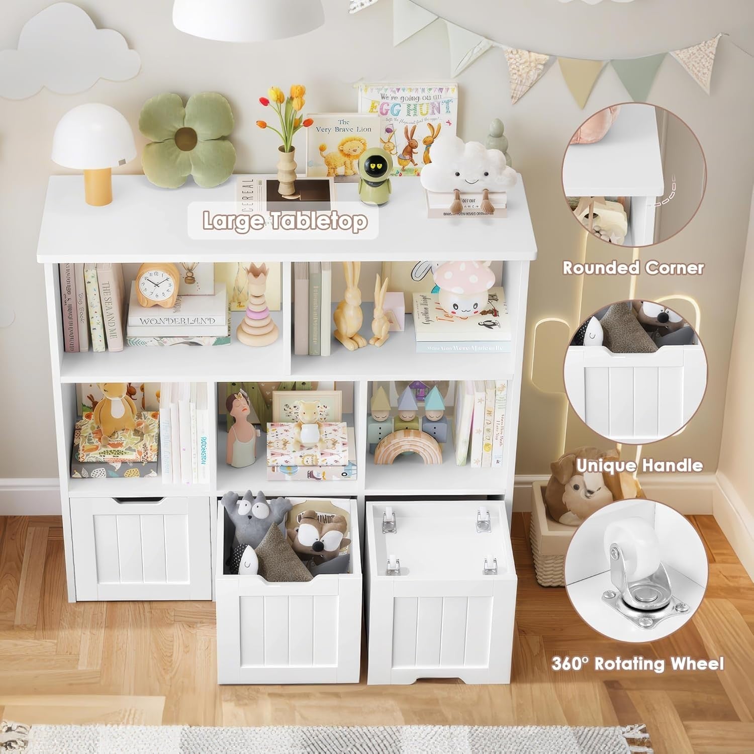 White Kids Toy Storage Cabinet with Wheels & Bookshelf – 8 Compartments
