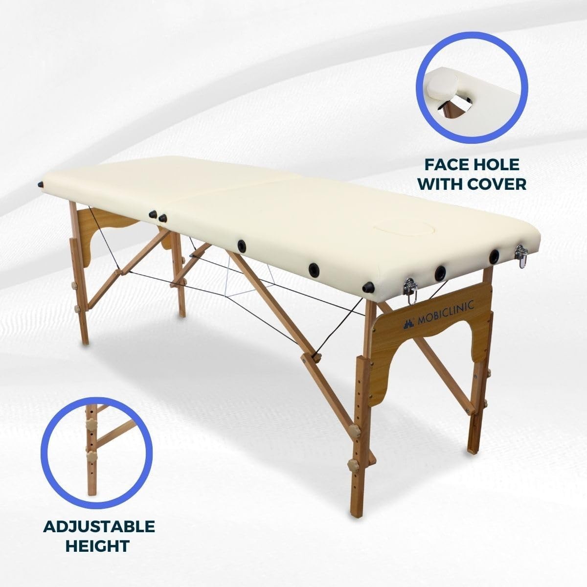 Portable Wooden Massage Table 2-Section Adjustable Therapy Bed Cream