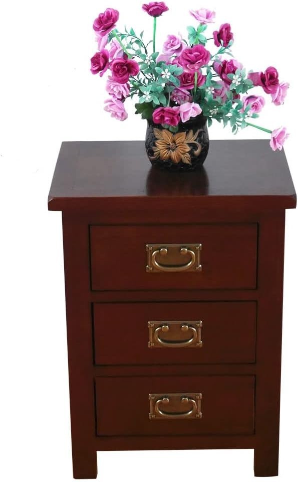 Walnut Oak Bedside Table with 3 Drawers, Solid Wood Nightstand 56x42x32cm