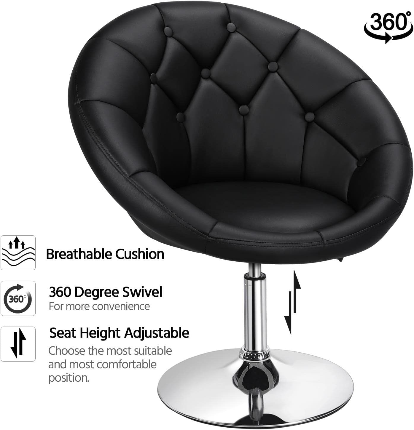 Black PU Leather Swivel Vanity Chair Adjustable Tufted Armchair for Makeup