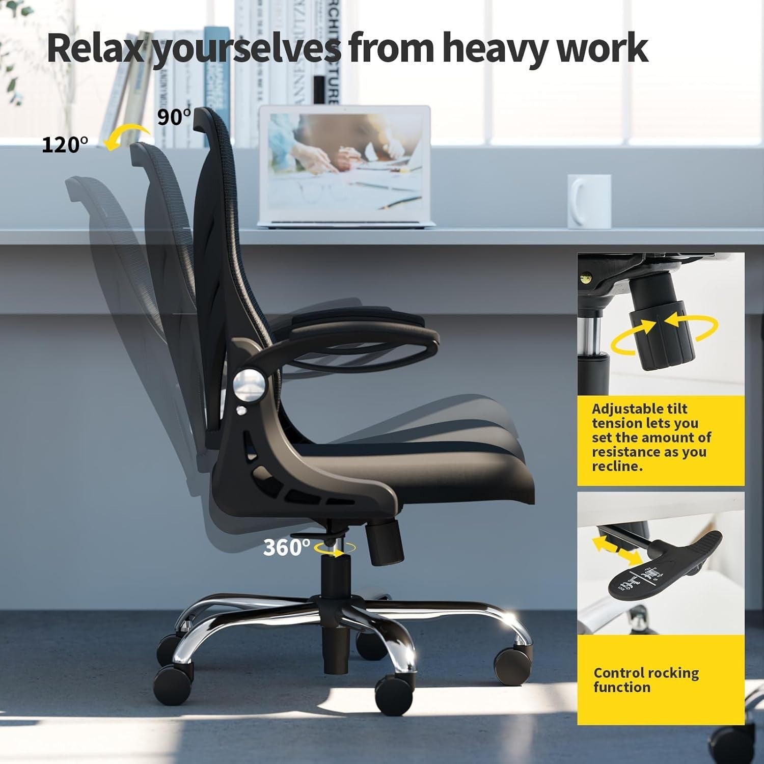 Ergonomic Folding Office Chair Mesh Back Lumbar Support Widen Seat Black