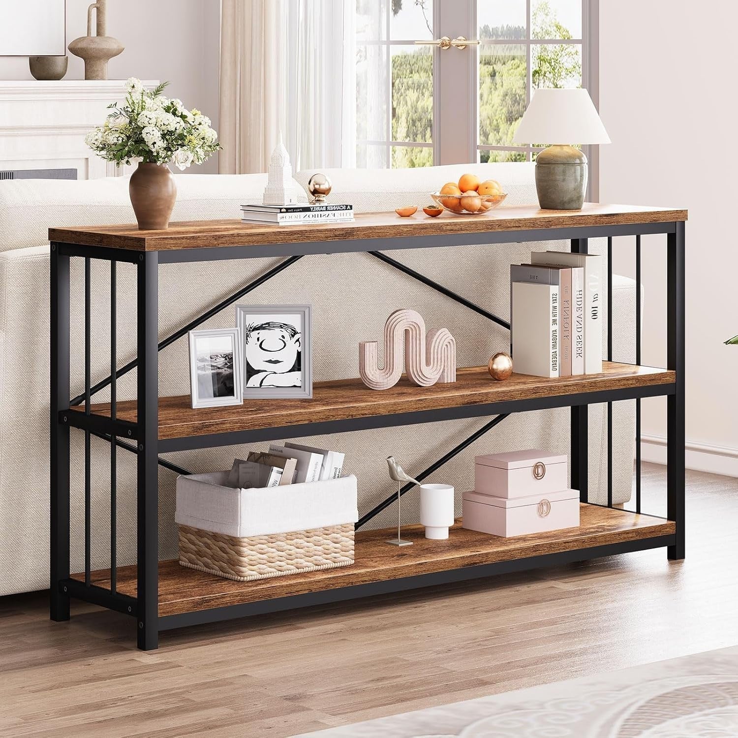 Rustic Industrial Console Table 3 Tier Storage Shelf 140x34x74cm