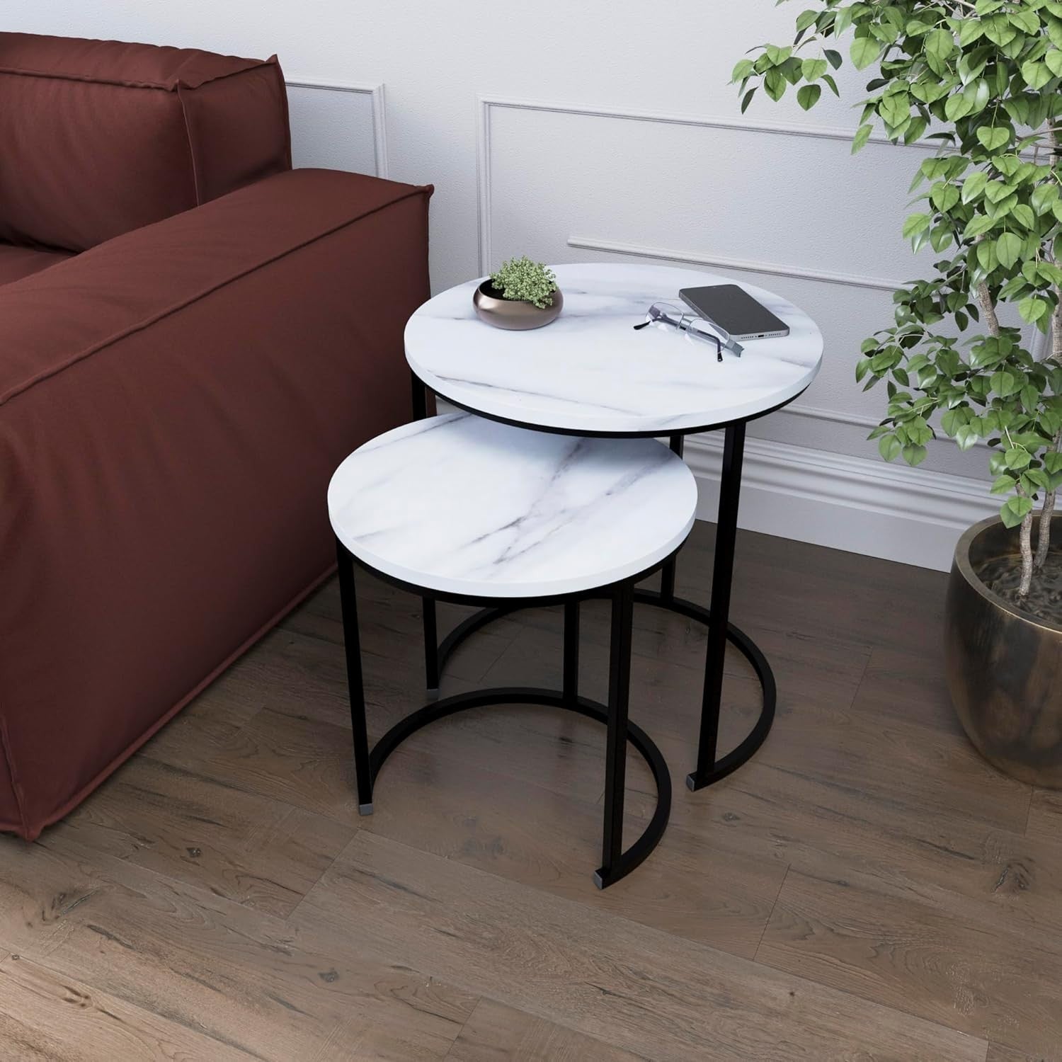 Nest of 2 Round Coffee Side Tables Marble Dark Wood Industrial Metal Frame