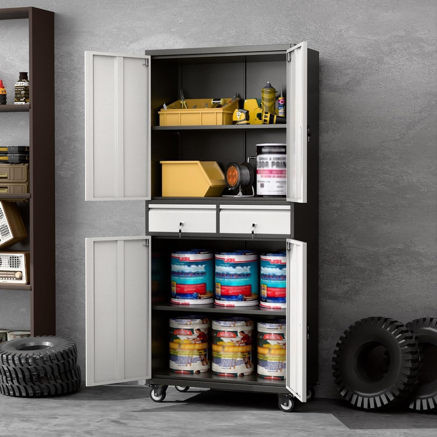 Lockable Metal Garage Cabinet with 2 Drawers, Adjustable Shelves & Wheels
