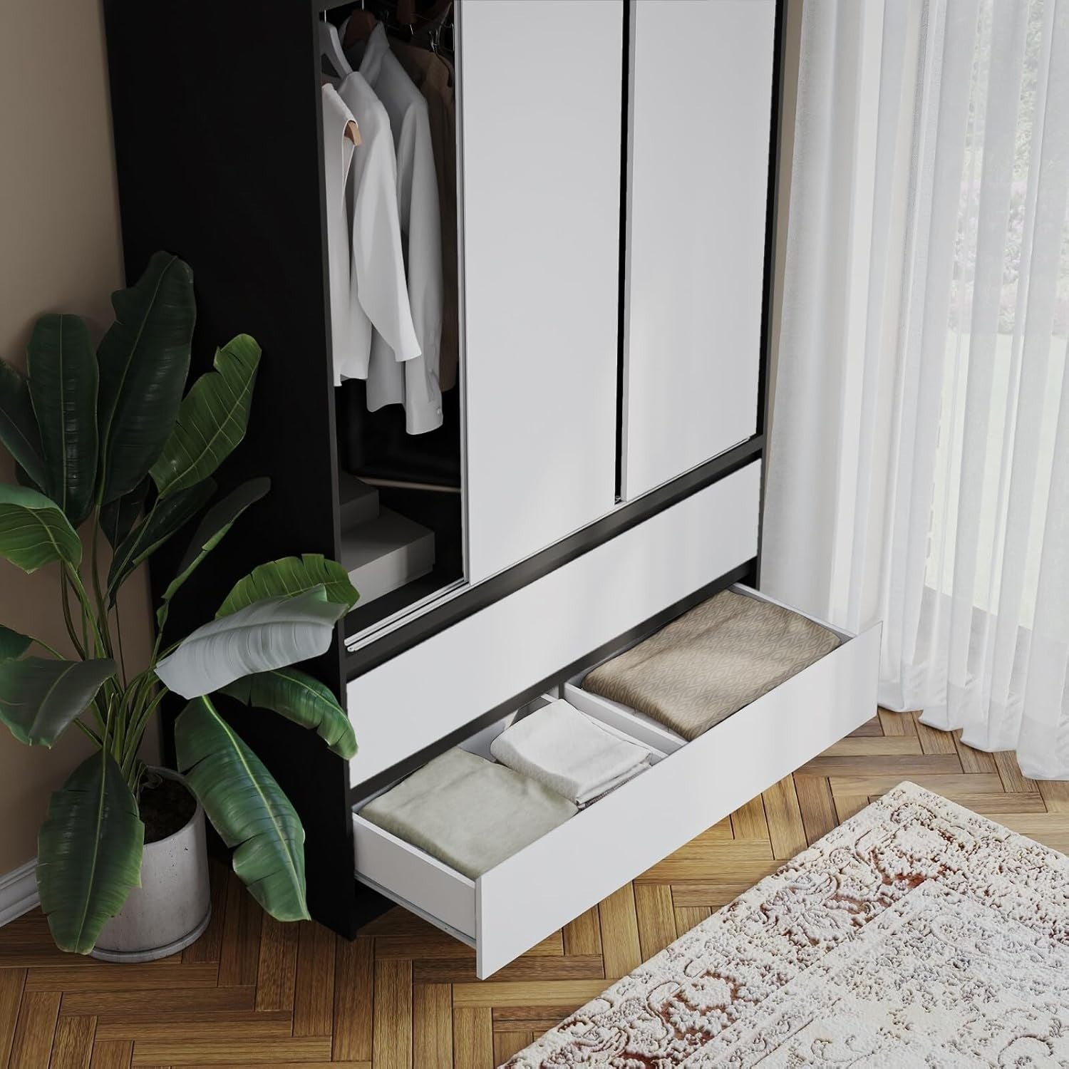 White Sliding Door Wardrobe 6 Doors 4 Drawers 240cm Modern Bedroom Closet
