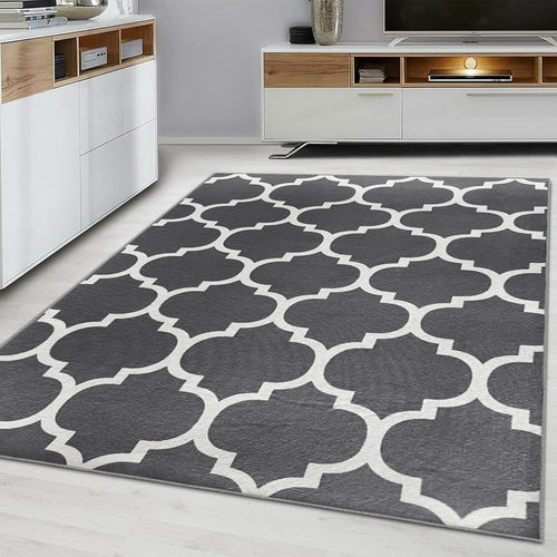 Modern Grey Trellis Rug Soft Non-Shedding Indoor Carpet 120x170cm Easy Clean