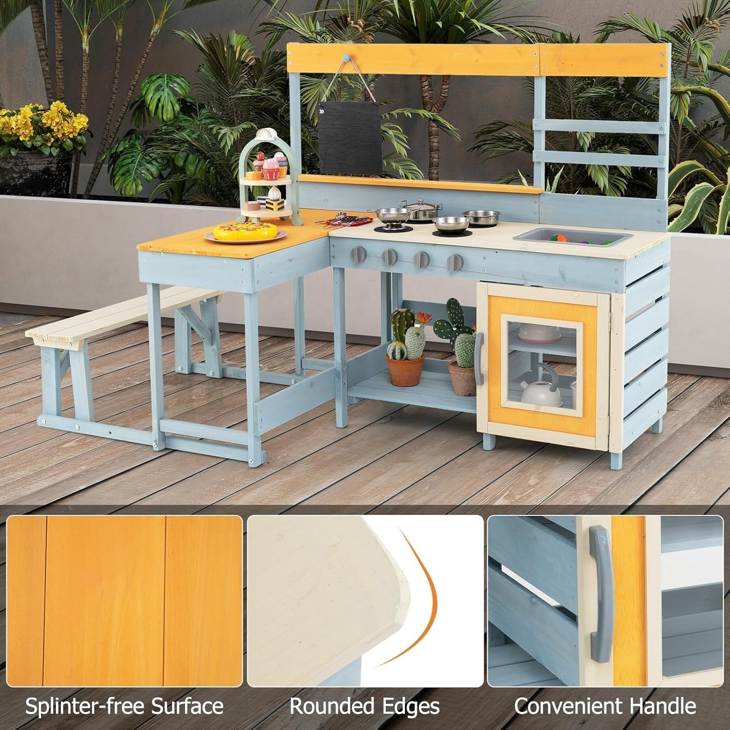 Kids Mud Kitchen Outdoor Wooden Play Kitchen Picnic Table Grey Blue