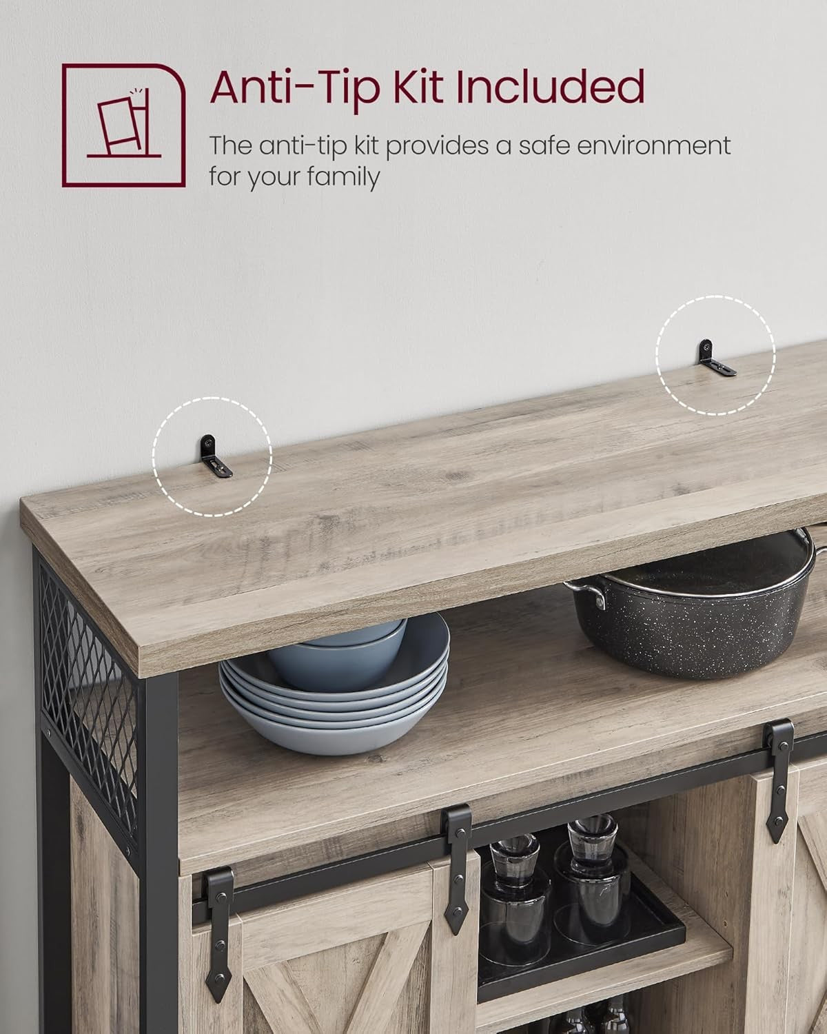 Heather Greige Sideboard Sliding Barn Door Storage Cabinet Industrial