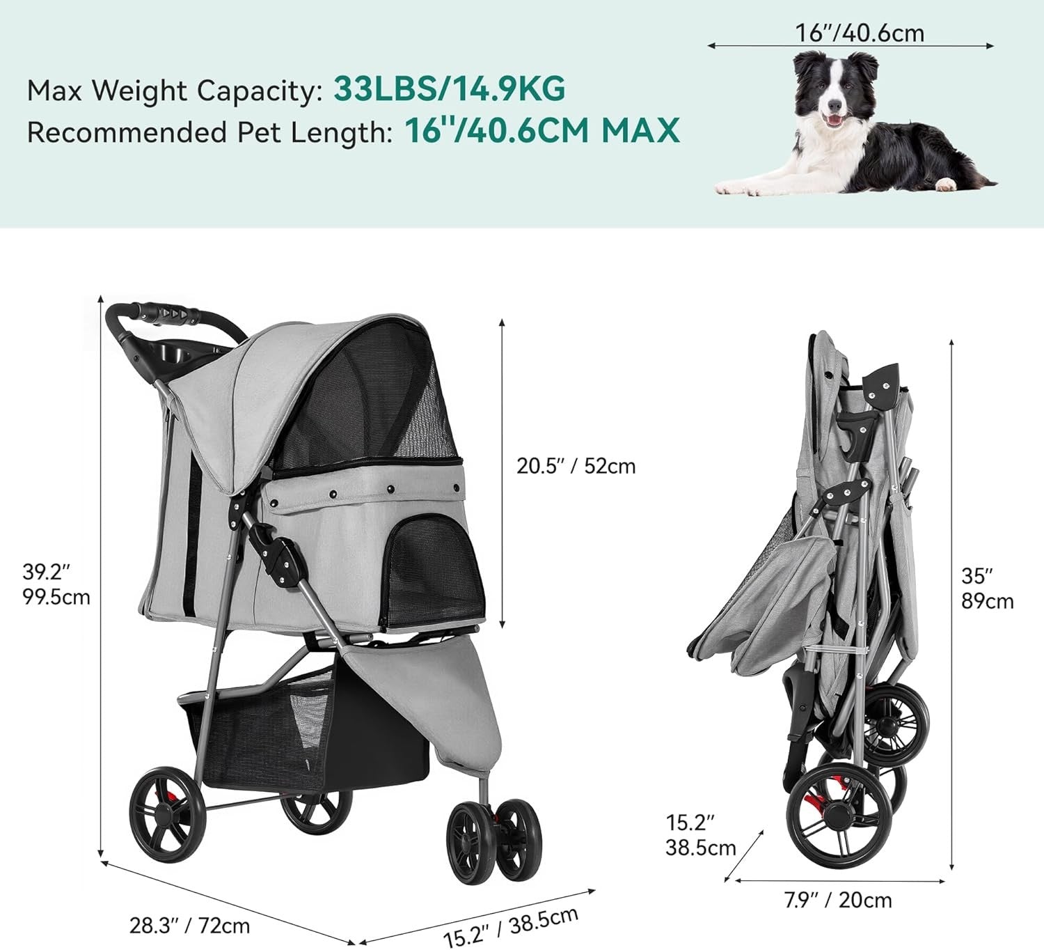 3 Wheel Dog Stroller Folding Pet Pram 15kg Mesh Windows Brakes Cup Holder