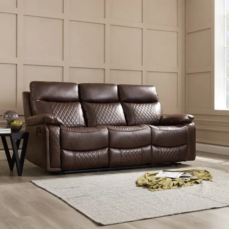3 Seater Recliner Sofa Faux Leather Manual Brown | Padded Lumbar Support