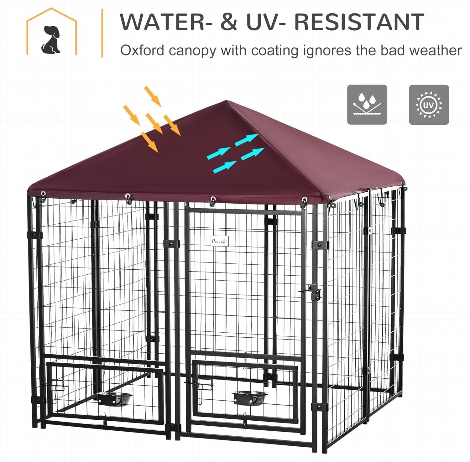 Outdoor Dog Kennel with Roof, Rotating Bowls & Lockable Steel Frame
