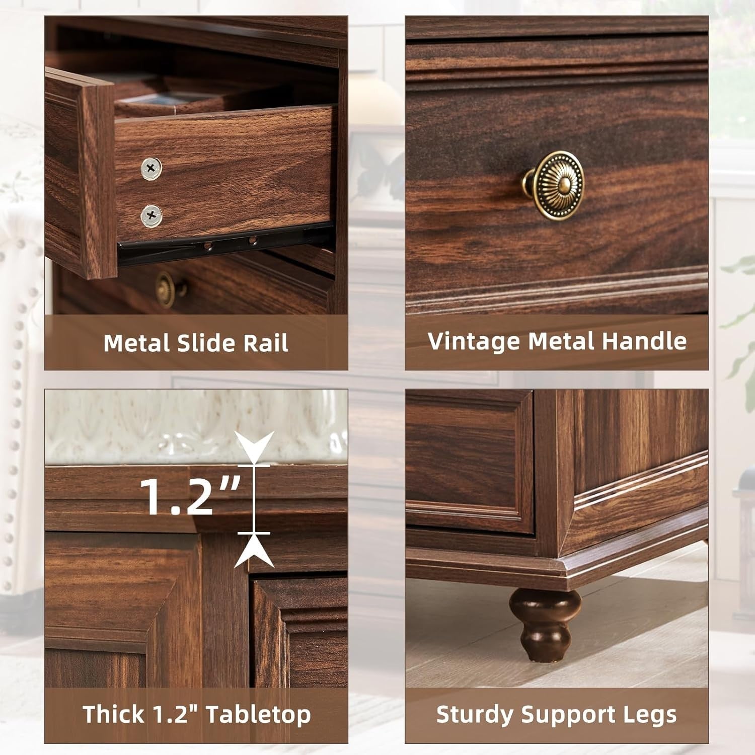 Brown Wooden Bedside Table with Drawers – Rustic Farmhouse Nightstand