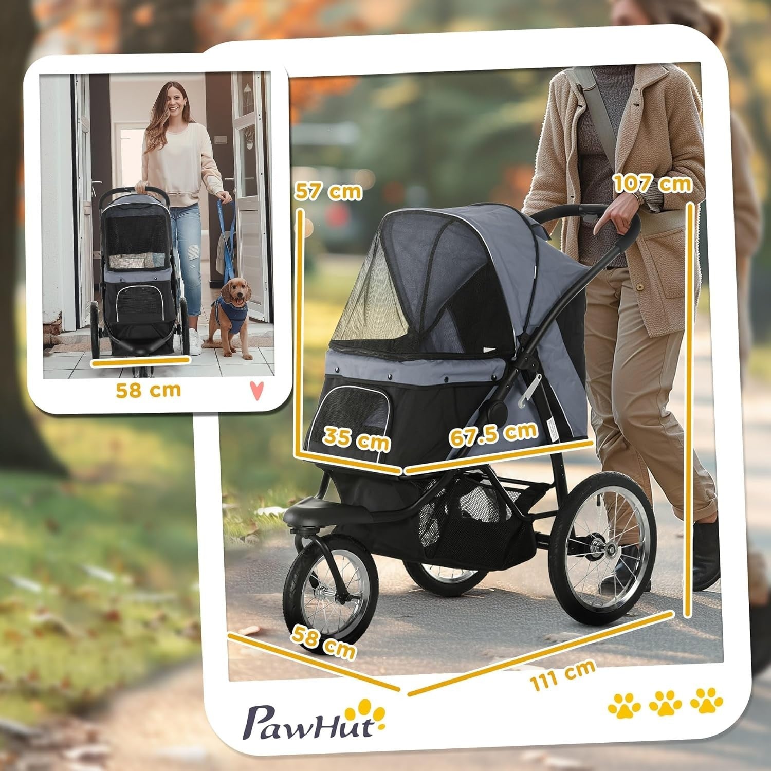 Foldable Dog Stroller for Small & Medium Pets, 3 Wheel Jogger, 20kg