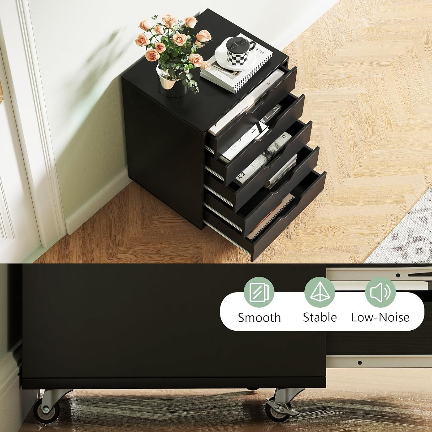 Black Mobile 5 Drawer File Cabinet Rolling Under Desk Office Storage