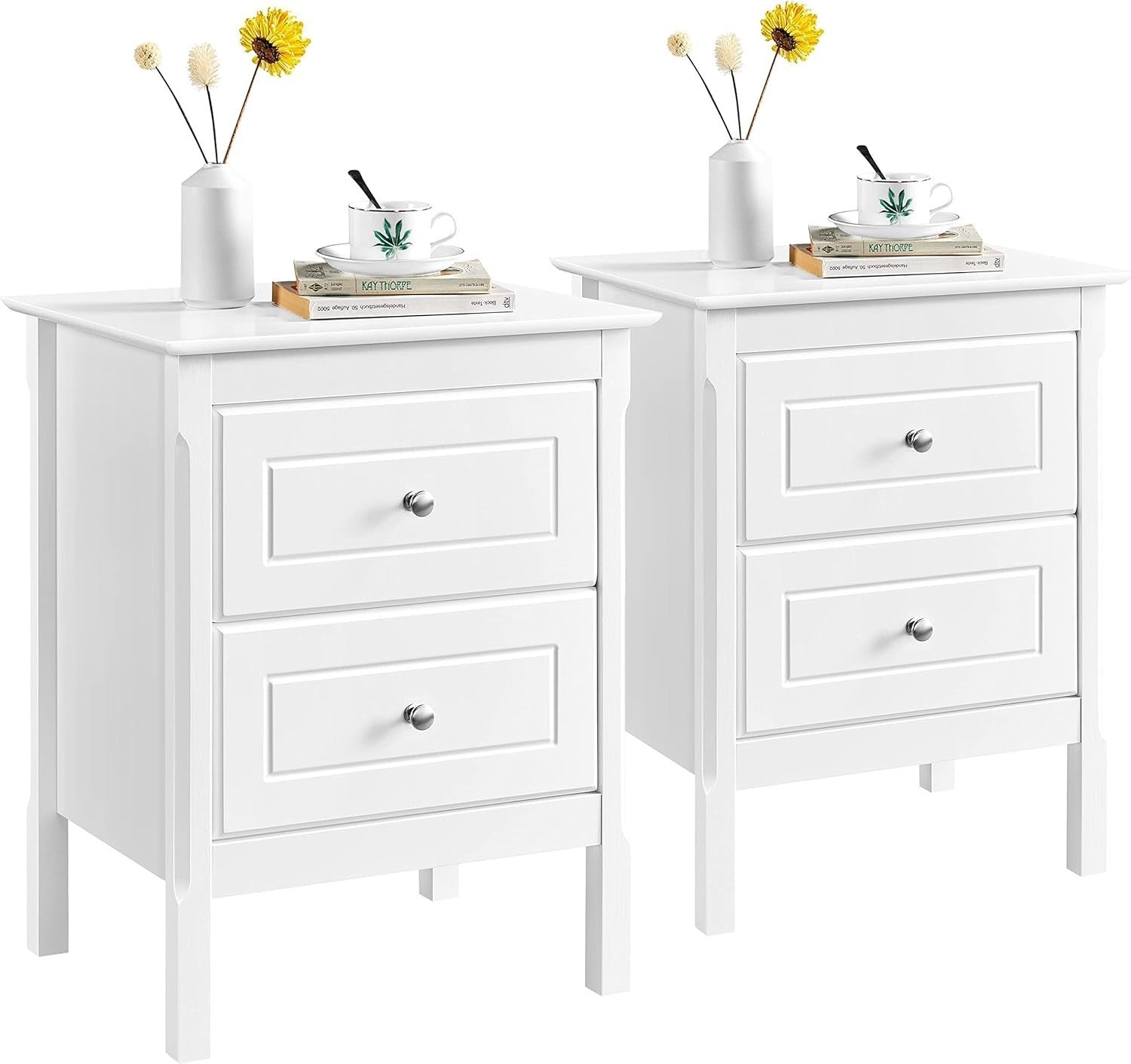 White Bedside Tables Set of 2 with Drawers, Wooden Nightstands